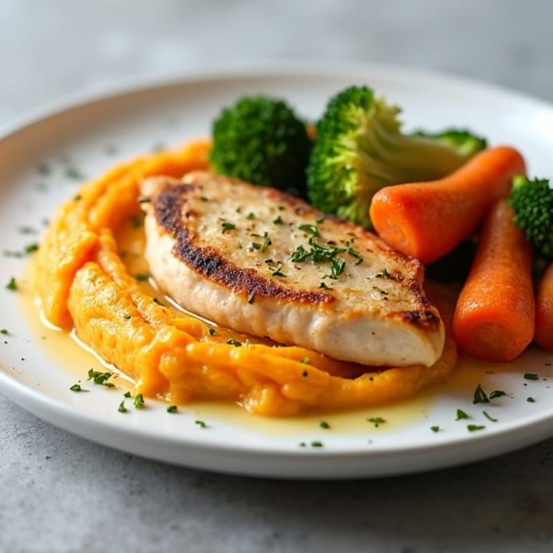 Chicken with Creamy Mashed Sweet Potato and Roasted Vegetables