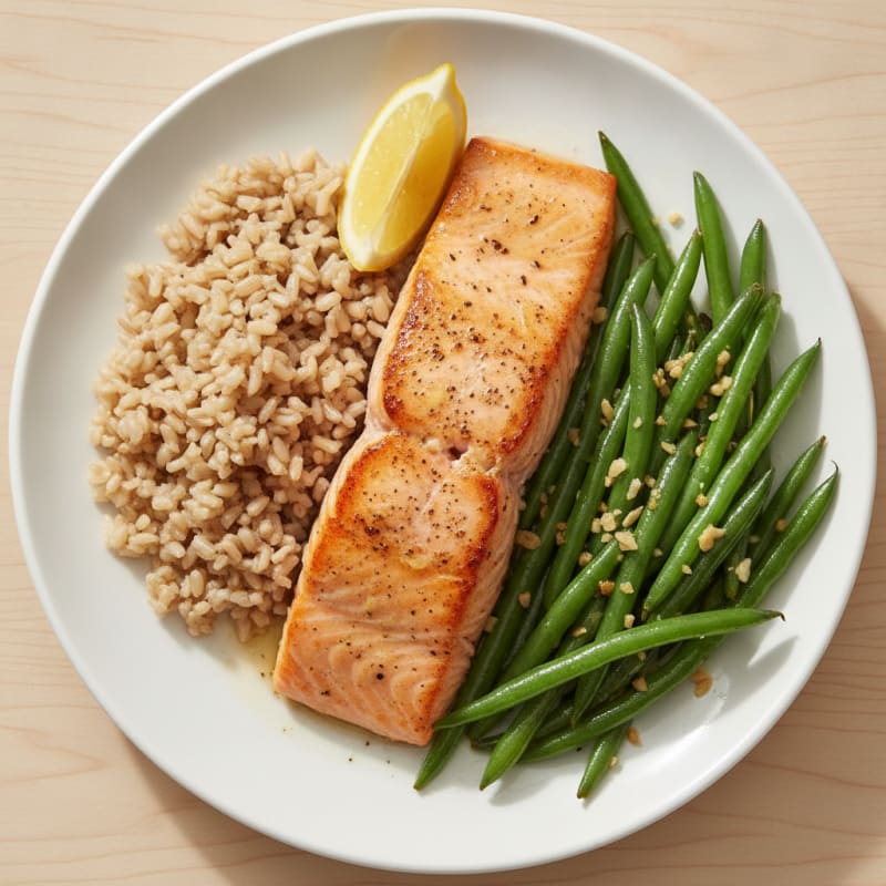 Seared Salmon with Garlic Green Beans and Brown Rice