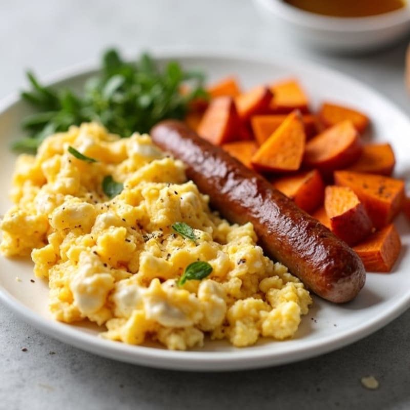Egg White and Turkey Sausage Scramble with Roasted Sweet Potatoes