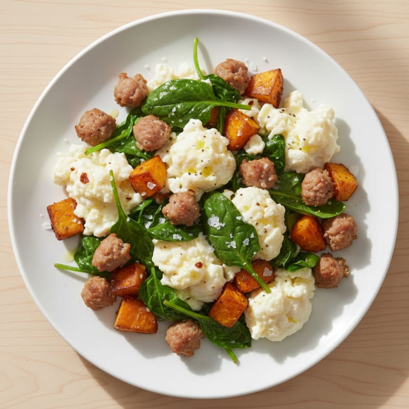 Egg White and Turkey Sausage Scramble with Sautéed Spinach