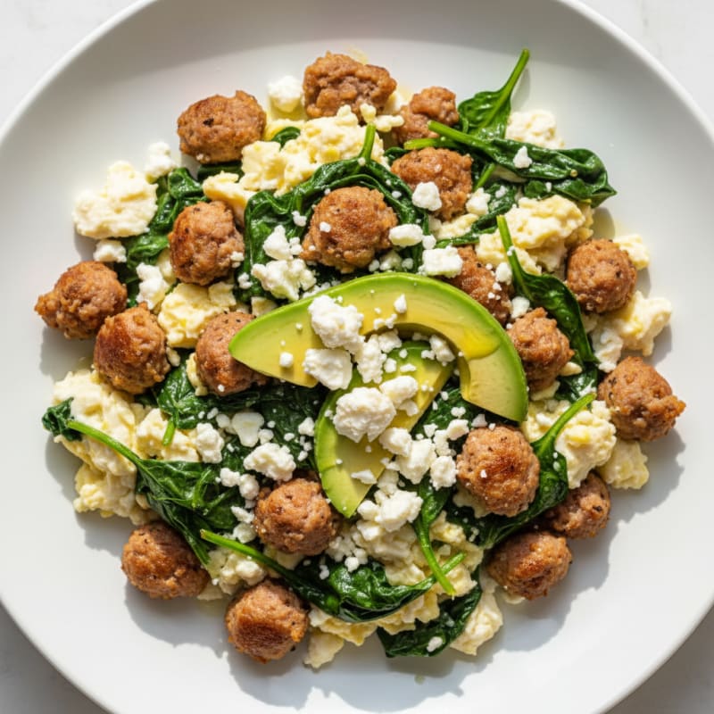 Egg White and Turkey Sausage Scramble with Sautéed Spinach and Feta