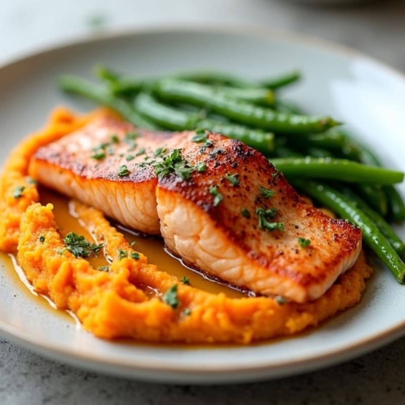 Pan-Seared Salmon with Garlic Green Beans and Sweet Potato Mash
