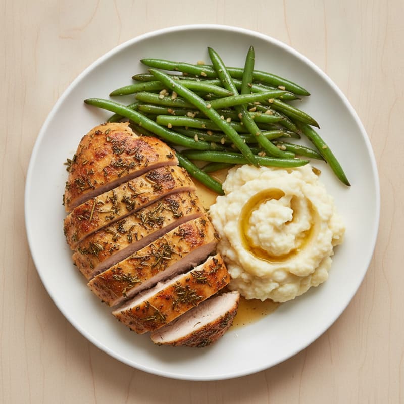 Herb-Roasted Turkey Breast with Garlic Green Beans and Mashed Cauliflower