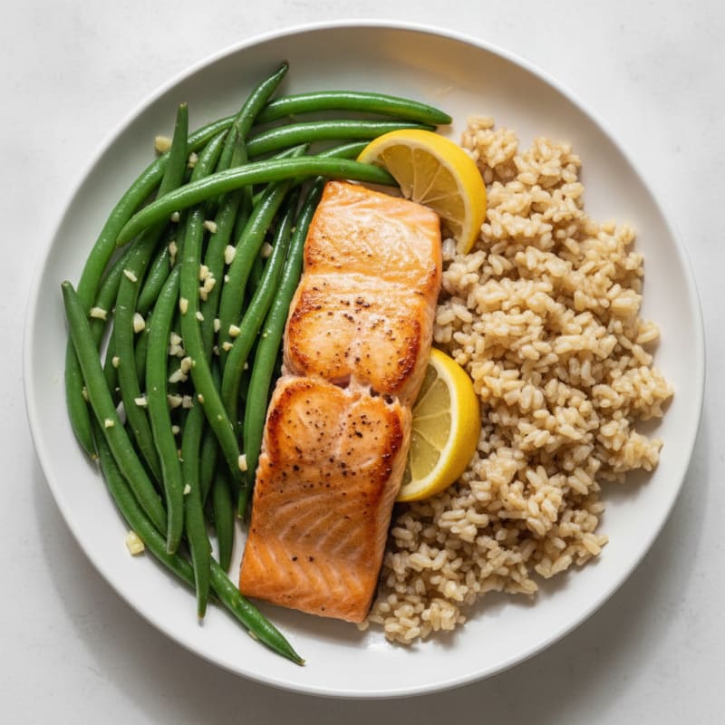 Seared Salmon Fillet with Garlic Green Beans and Brown Rice