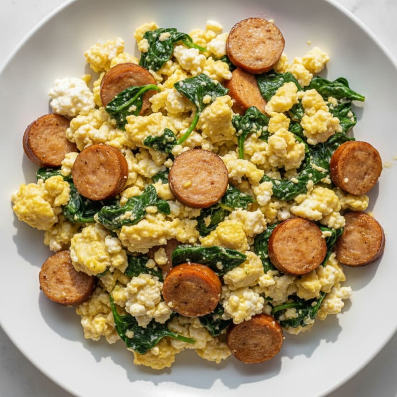 Cottage Cheese Scramble with Chicken Sausage and Sautéed Spinach