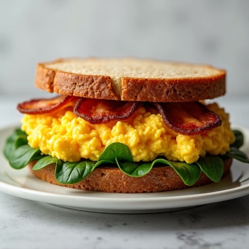Crispy Turkey Bacon and Fluffy Egg Whole Grain Sandwich with Fresh Spinach