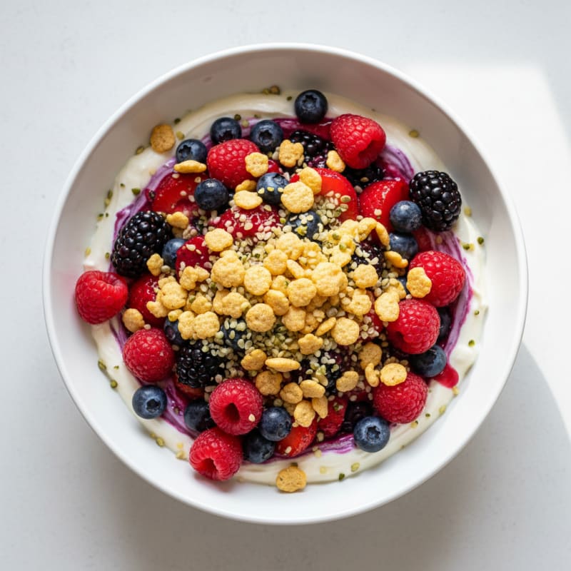 High-Protein Vanilla Greek Yogurt Parfait with Mixed Berries and Protein Crisps