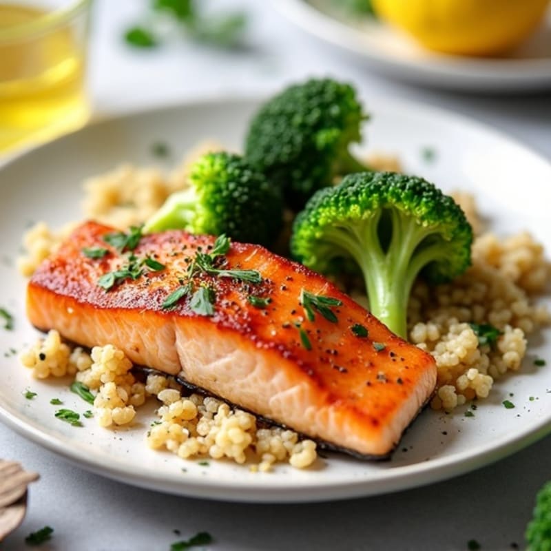 Seared Salmon with Steamed Broccoli and Quinoa