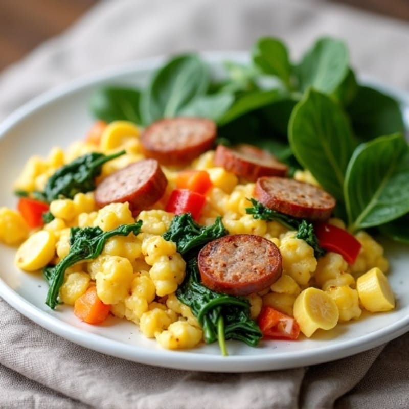 Egg White Veggie Scramble with Sautéed Spinach and Chicken Sausage