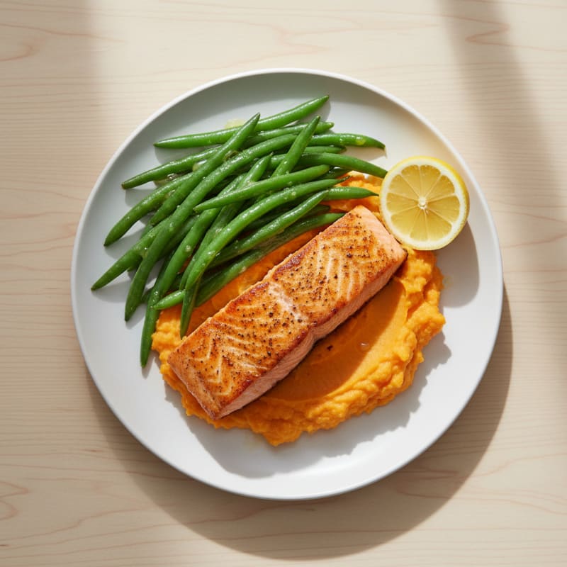 Seared Salmon with Steamed Green Beans and Sweet Potato Mash