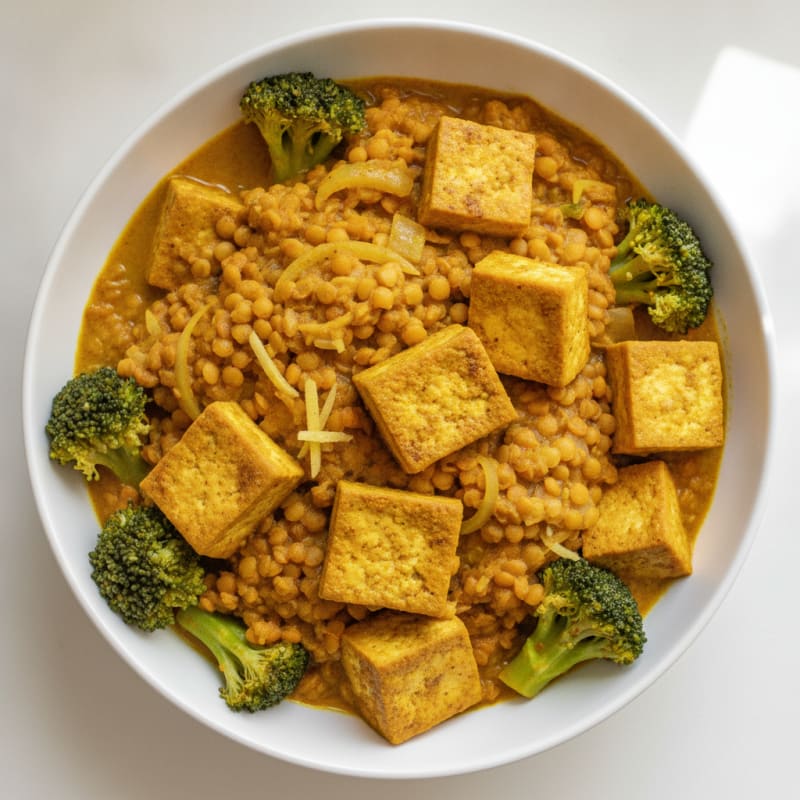 Lentil and Tofu Curry Bowl with Steamed Broccoli