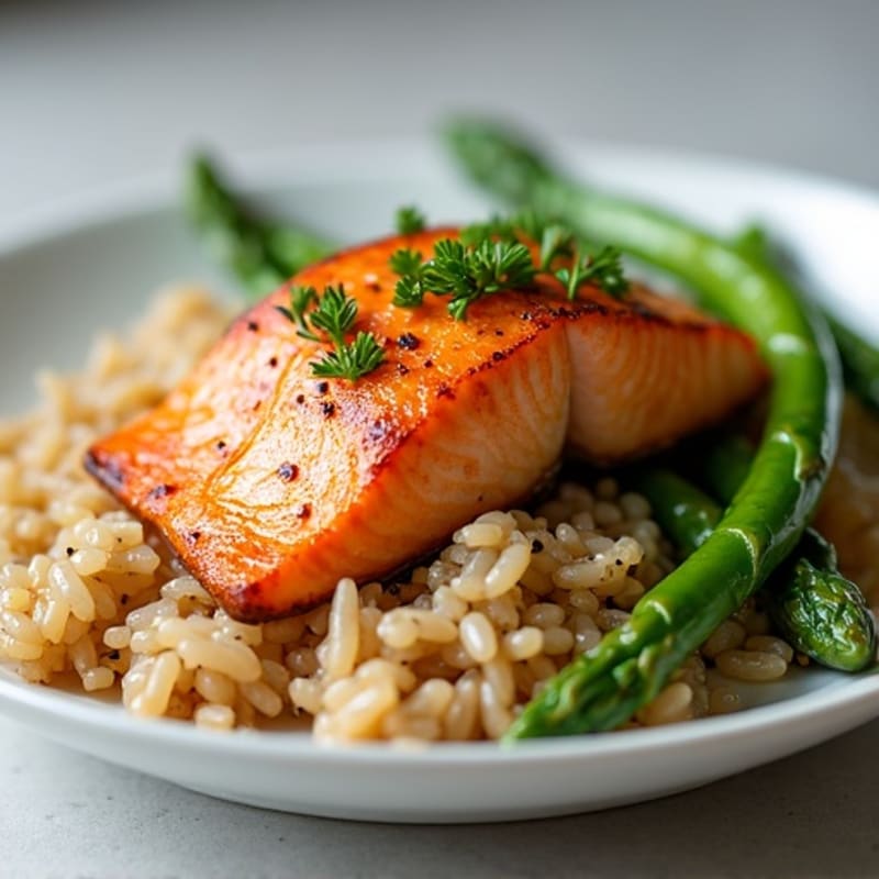 Seared Salmon with Steamed Asparagus and Brown Rice