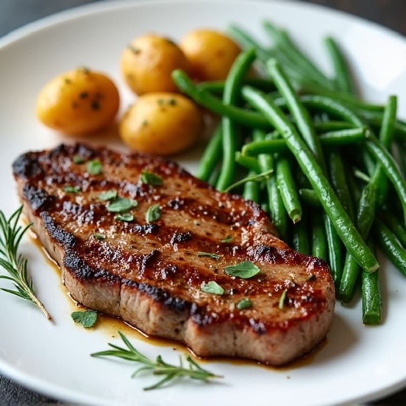 Seared Sirloin Steak with Garlic Green Beans and Herb-Roasted Baby Potatoes