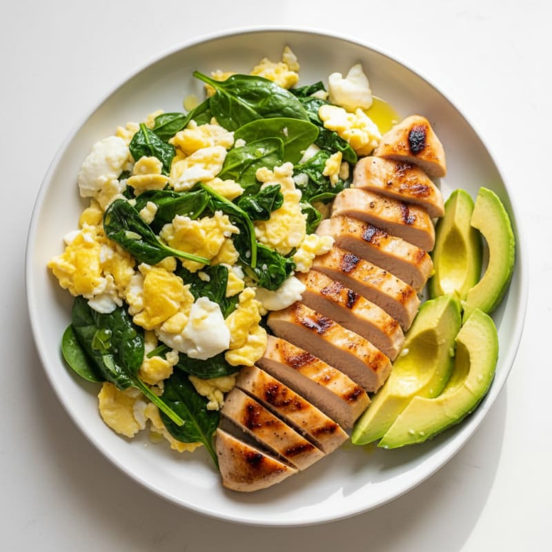 Scrambled Eggs with Sautéed Spinach and Grilled Chicken Breast
