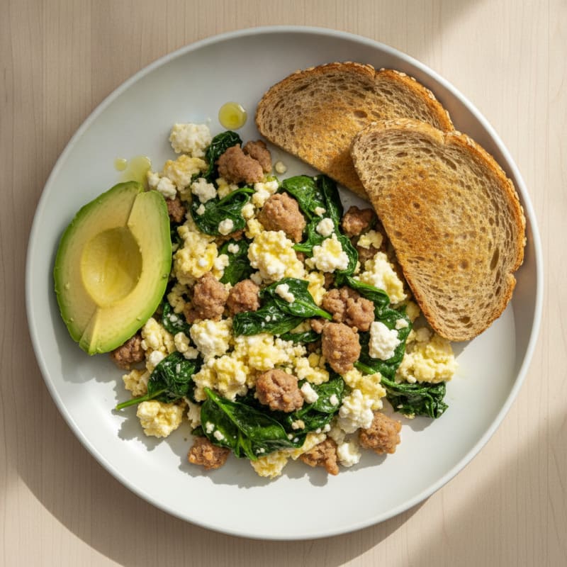 Cottage Cheese Scramble with Turkey Sausage and Spinach