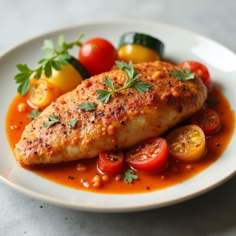 Creamy Spiced Tomato Chicken with Roasted Vegetables