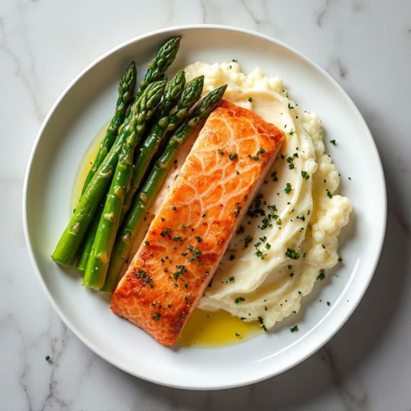 Seared Salmon with Steamed Asparagus and Garlic Cauliflower Mash