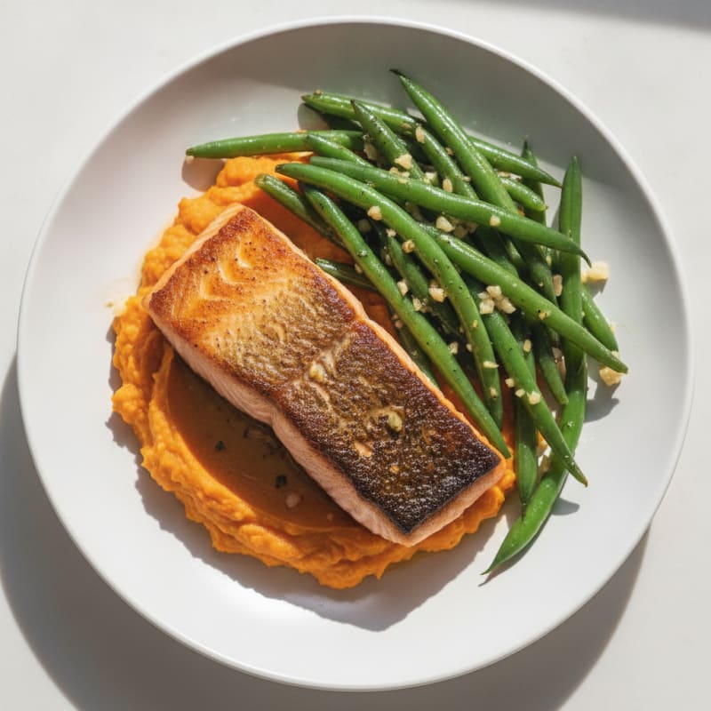 Seared Salmon with Garlic Green Beans and Sweet Potato Mash