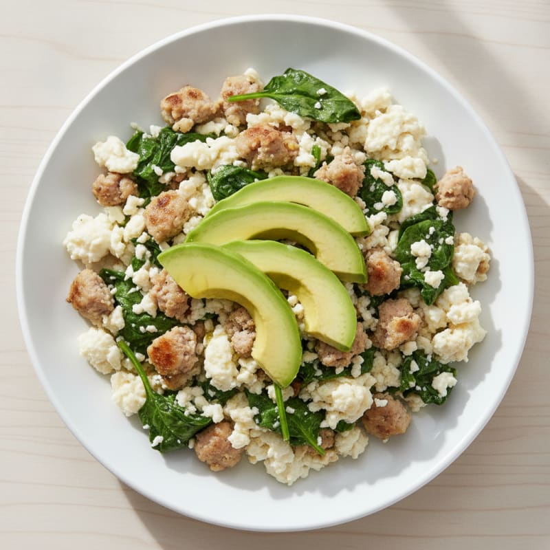 Egg White and Turkey Sausage Scramble with Sautéed Spinach
