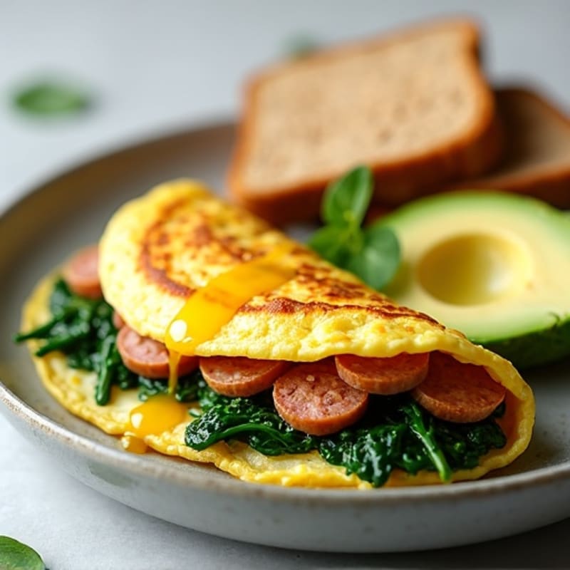 Egg White Omelet with Turkey Sausage and Sautéed Spinach
