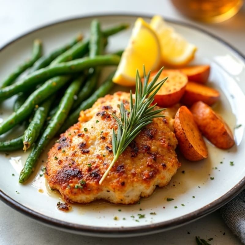 Crispy Lemon-Herb Chicken with Roasted Sweet Potatoes and Green Beans
