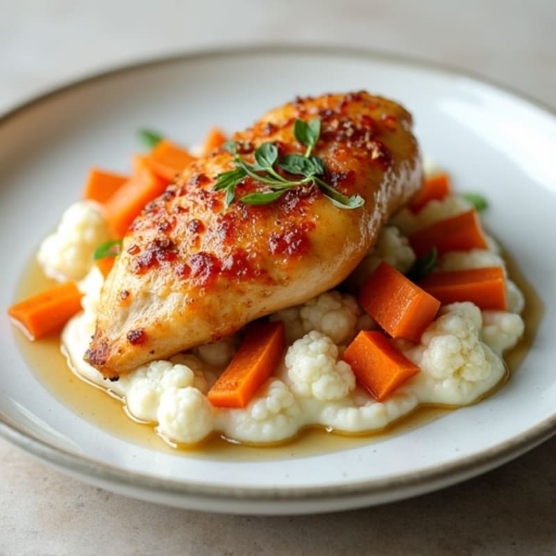 Salted Maple-Glazed Chicken with Creamy Cauliflower Mash and Roasted Carrots