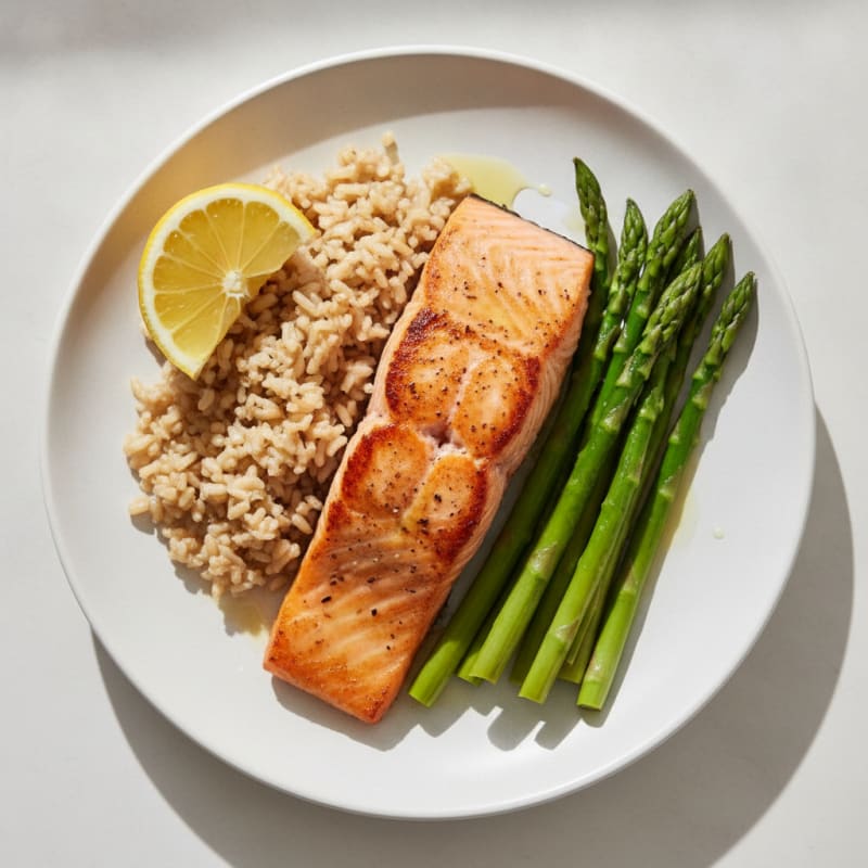 Seared Salmon with Steamed Asparagus and Brown Rice