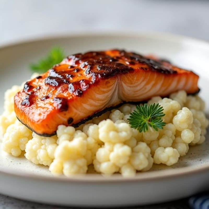 Pan-Seared Salmon with Sweet and Salty Date Glaze and Creamy Cauliflower Puree