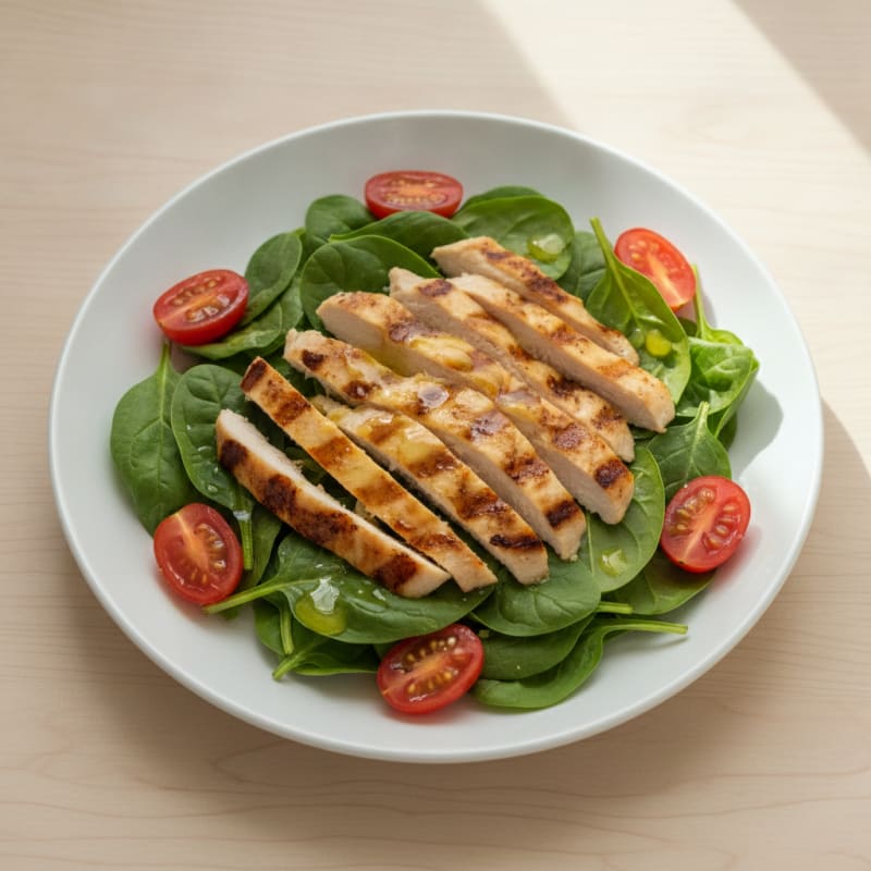 Grilled Chicken Salad with Baby Spinach and Cherry Tomatoes