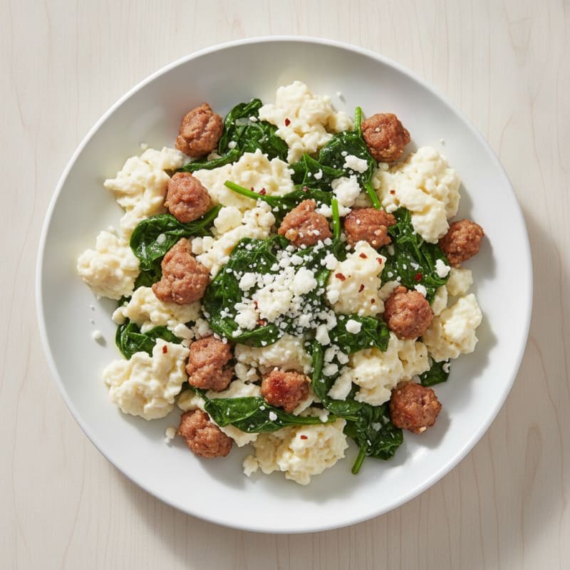 Egg White Scramble with Turkey Sausage and Sautéed Spinach