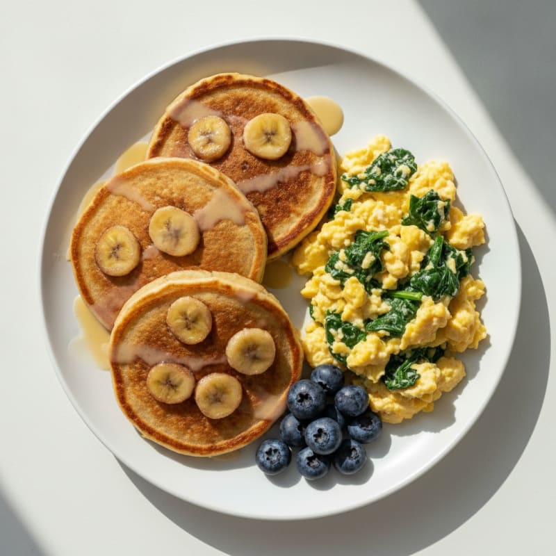 Banana Protein Pancakes with Scrambled Eggs