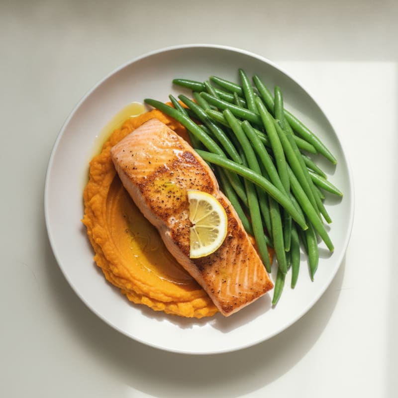 Pan-Seared Salmon with Steamed Green Beans and Sweet Potato Mash