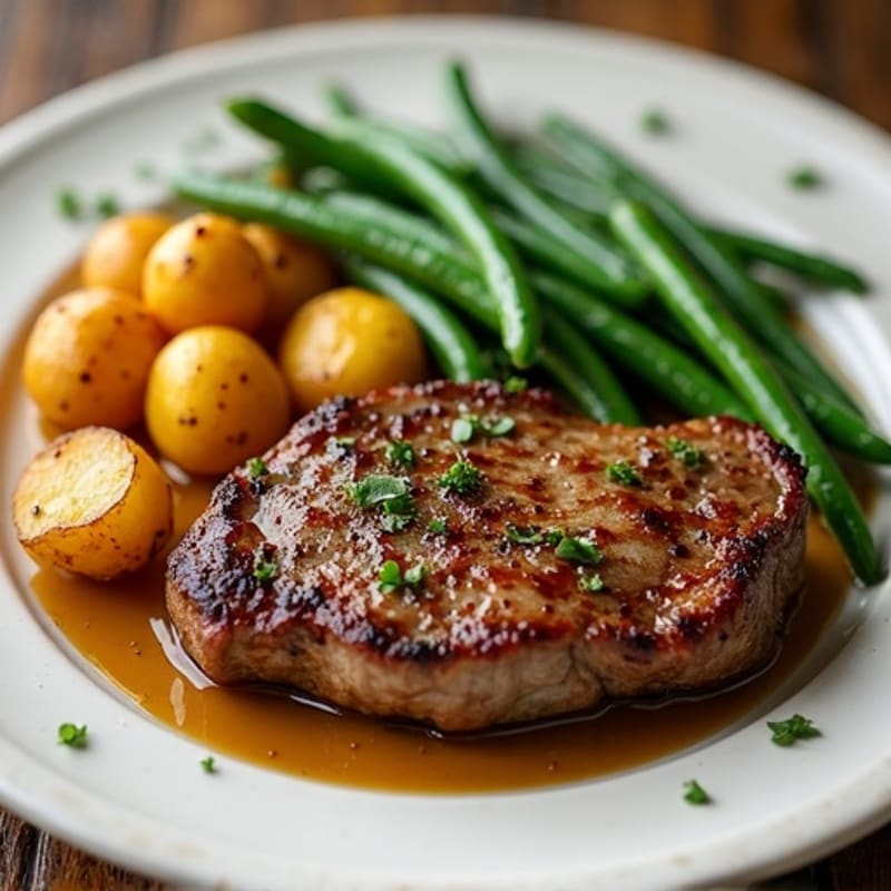 Tender Pan-Seared Steak with Crispy Garlic Butter Roasted Potatoes and Green Beans
