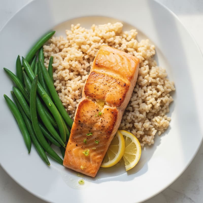 Seared Salmon Fillet with Steamed Green Beans and Brown Rice