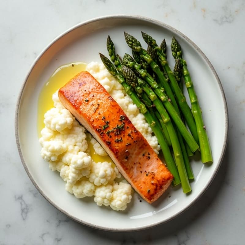 Seared Salmon with Steamed Asparagus and Cauliflower Mash