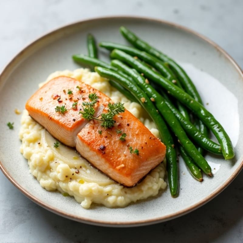 Seared Salmon with Garlic Green Beans and Cauliflower Mash
