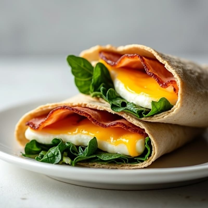 Crispy Turkey Bacon and Egg White Breakfast Wrap with Sautéed Spinach