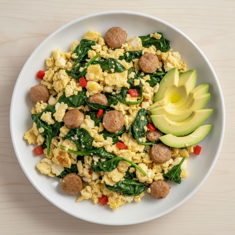 Egg White Scramble with Turkey Sausage and Sautéed Spinach
