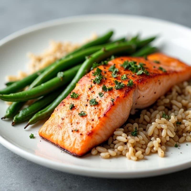 Seared Salmon with Garlic Green Beans and Brown Rice