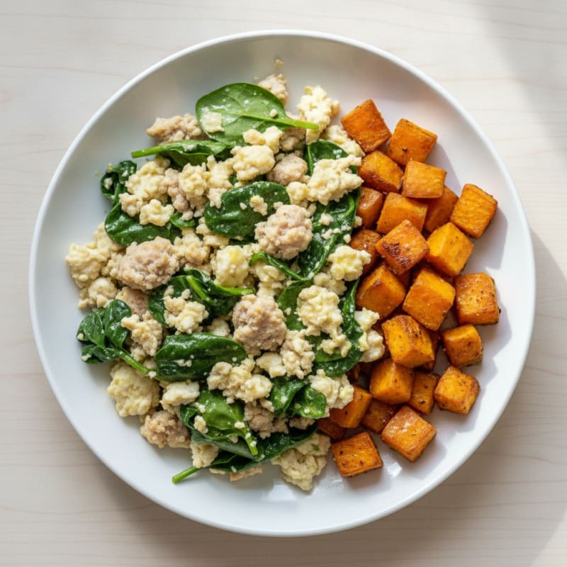 Egg White and Turkey Sausage Scramble with Spinach and Roasted Sweet Potato