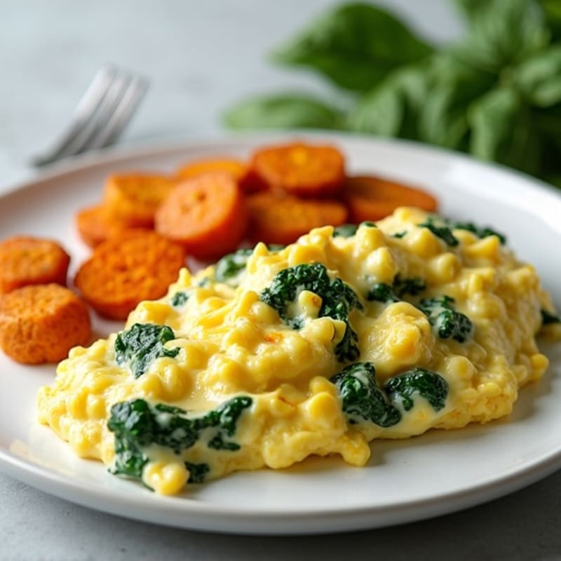 Creamy Scrambled Eggs with Fresh Spinach and Roasted Sweet Potatoes