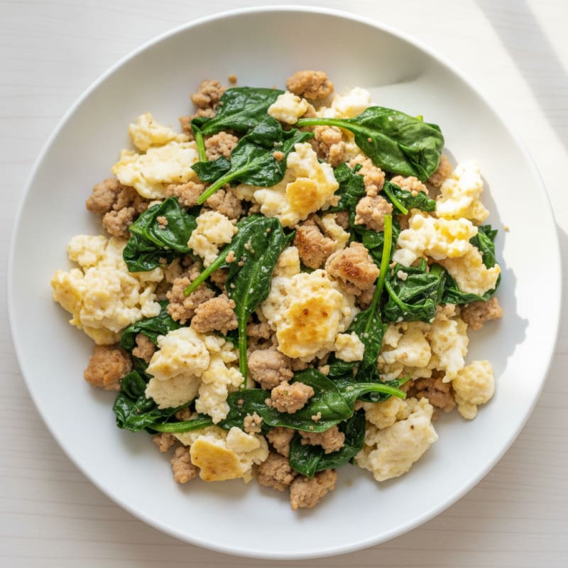 Egg White and Turkey Scramble with Sautéed Spinach