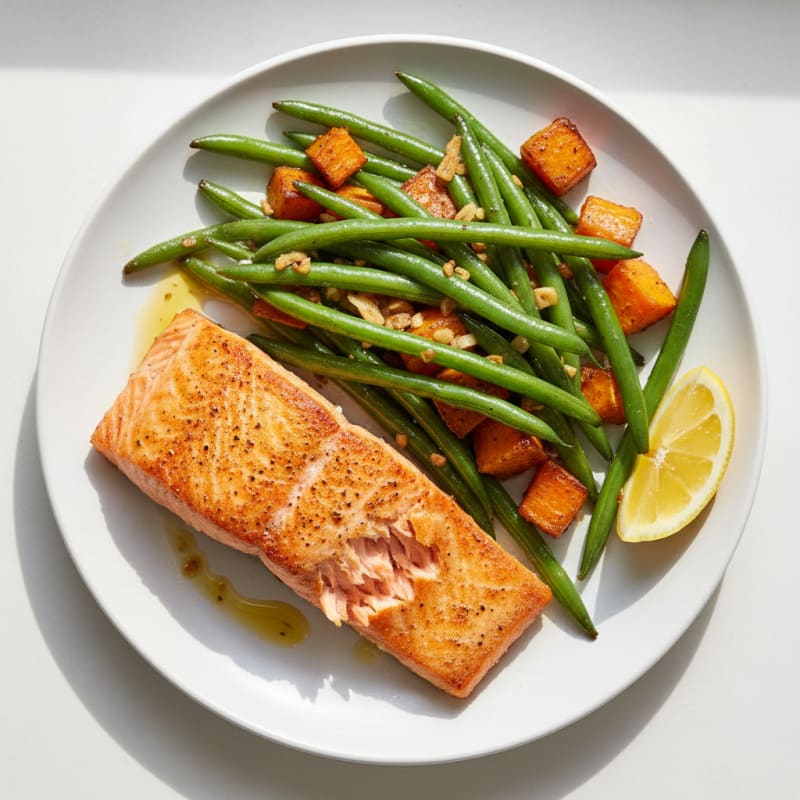 Seared Salmon with Garlic Green Beans and Roasted Sweet Potato