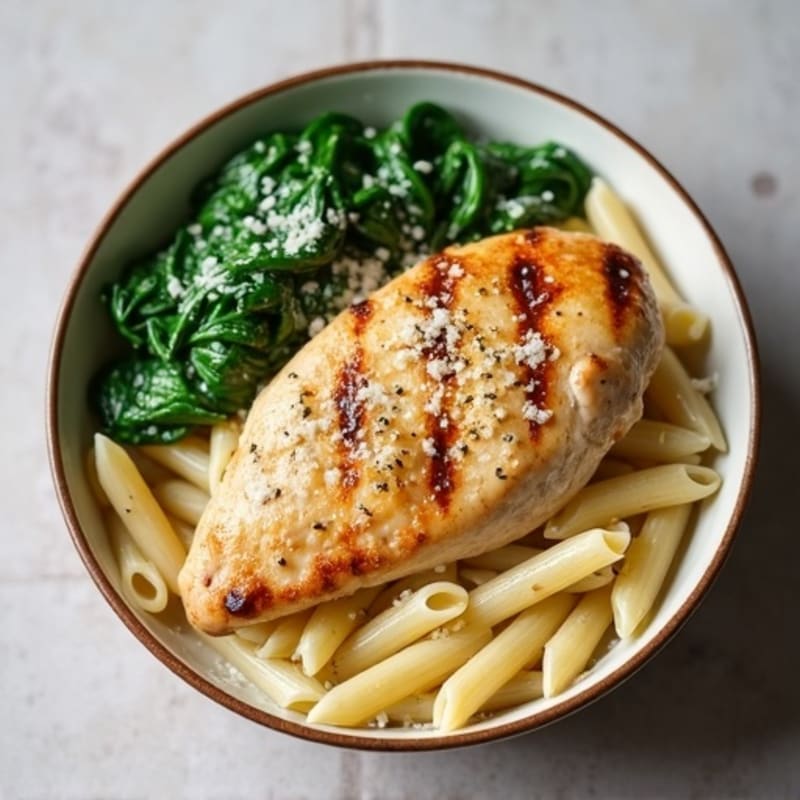 Creamy Chicken Alfredo with Garlicky Spinach and Whole Wheat Penne