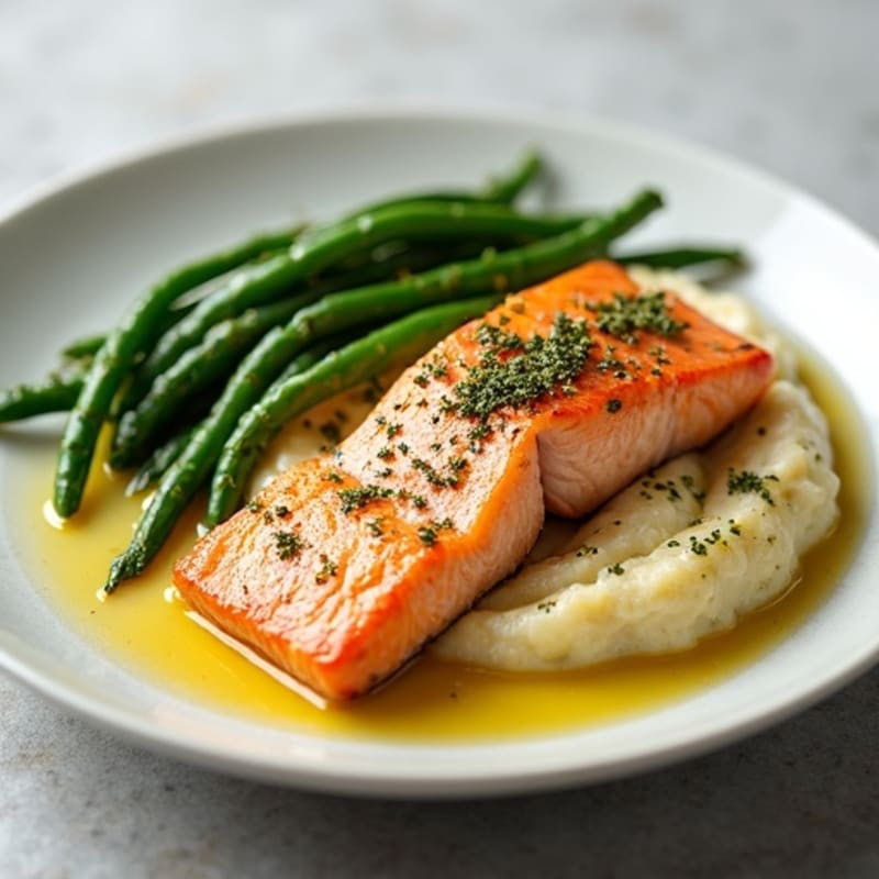 Seared Salmon with Garlic Green Beans and Cauliflower Mash