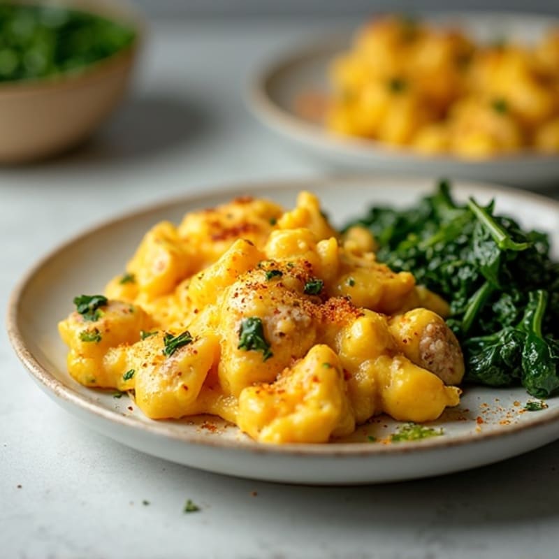 Cheesy Scrambled Eggs with Turkey Sausage and Sautéed Spinach