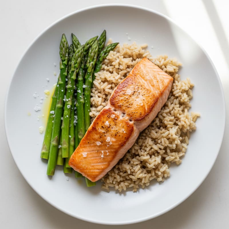 Seared Salmon with Steamed Asparagus and Brown Rice