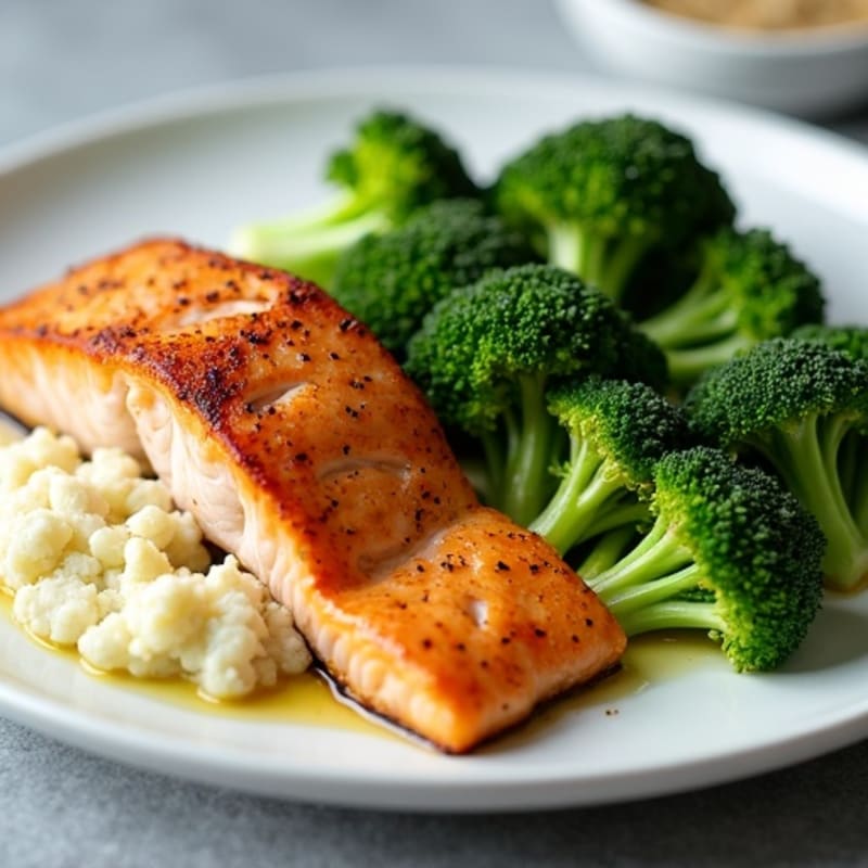 Seared Salmon with Steamed Broccoli and Garlic Cauliflower Mash