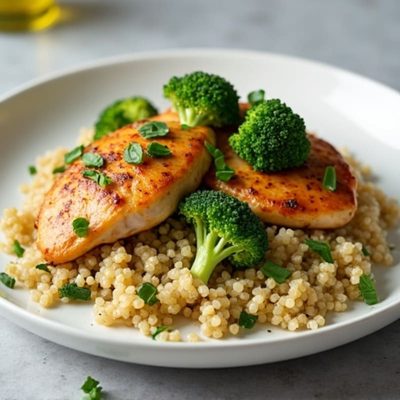 Roasted Chicken with Crispy Broccoli and Fluffy Quinoa