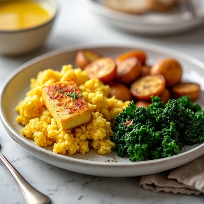 Savory Tofu Scramble with Crispy Potatoes and Sautéed Kale
